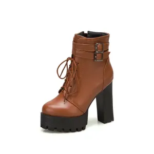 Women's Pu Leather Almond Toe Lace Up Buckle Straps Block Chunky Heel Platform Ankle Boots