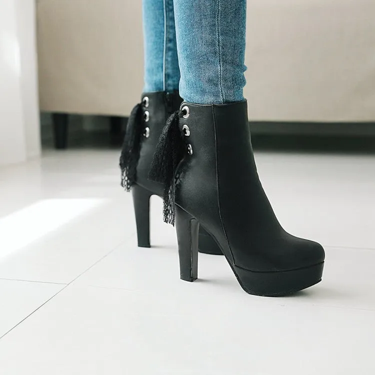 Women's Pu Leather Back Tied Lace Chunky Heel Platform Short Boots