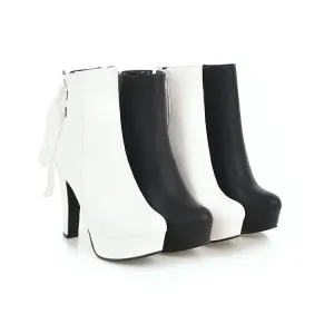 Women's Pu Leather Back Tied Lace Chunky Heel Platform Short Boots