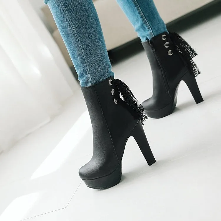 Women's Pu Leather Back Tied Lace Chunky Heel Platform Short Boots