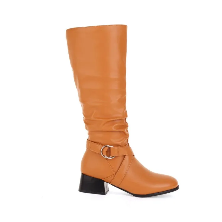 Women's Pu Leather Belts Buckles Side Zippers Block Heel Knee High Boots