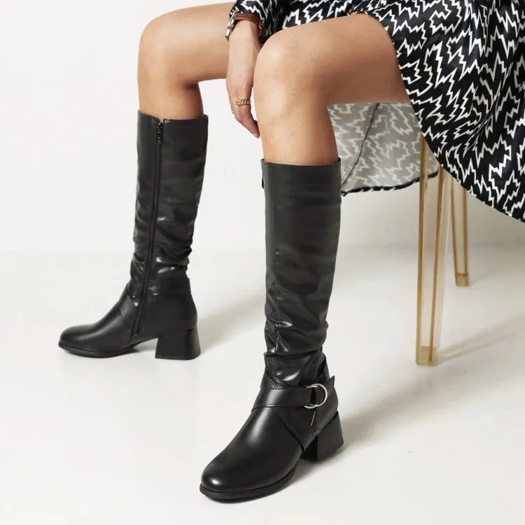 Women's Pu Leather Belts Buckles Side Zippers Block Heel Knee High Boots