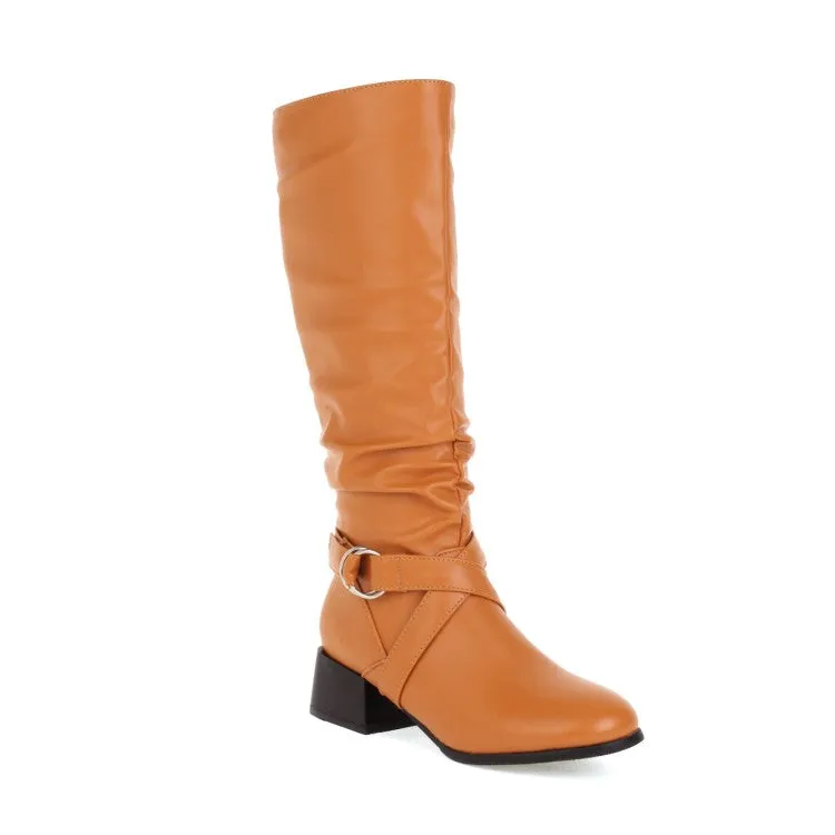 Women's Pu Leather Belts Buckles Side Zippers Block Heel Knee High Boots