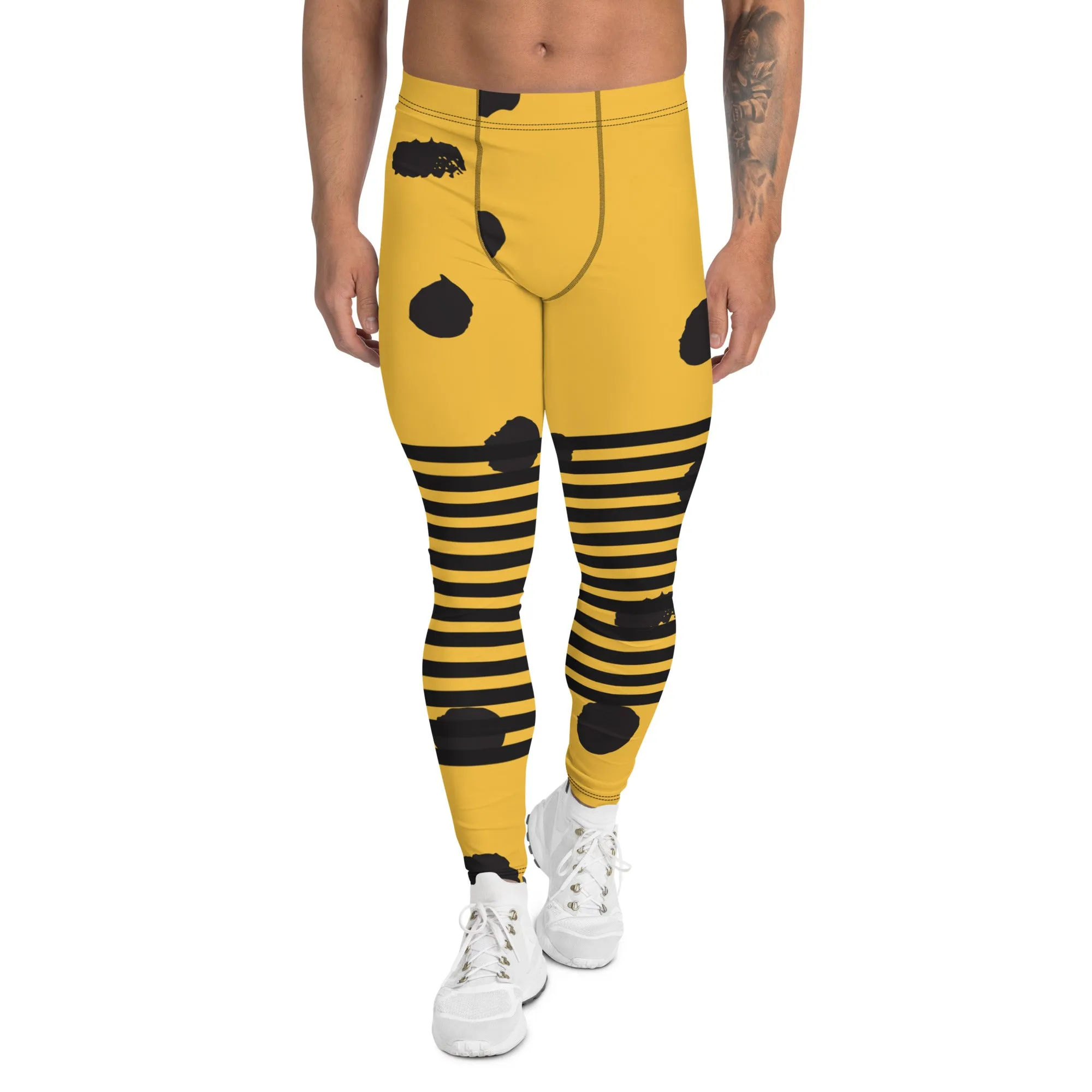 Yellow Abstract Dotted Meggings, Designer Horizontal Black Striped Men's Leggings For Men - Made in USA/EU/MX