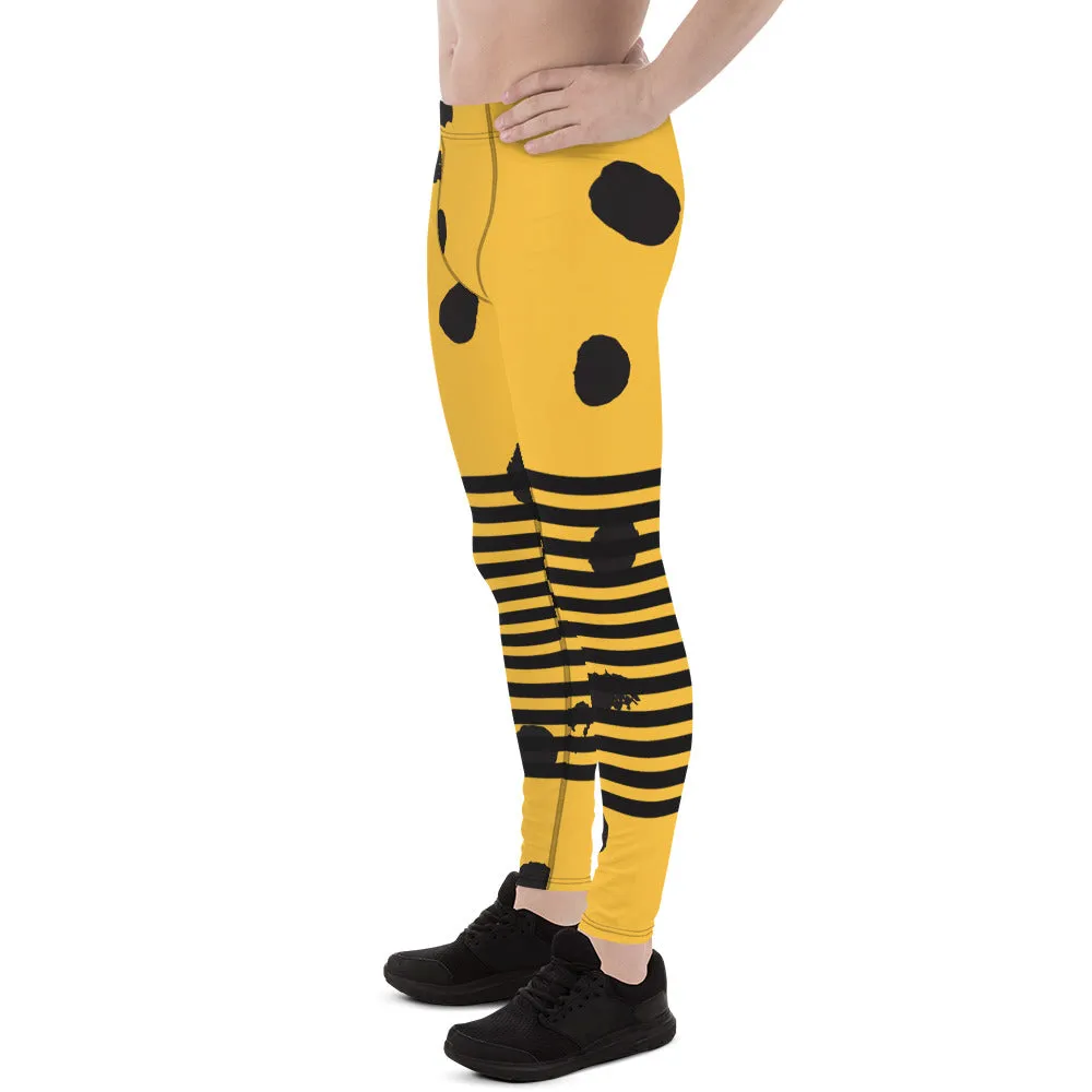 Yellow Abstract Dotted Meggings, Designer Horizontal Black Striped Men's Leggings For Men - Made in USA/EU/MX