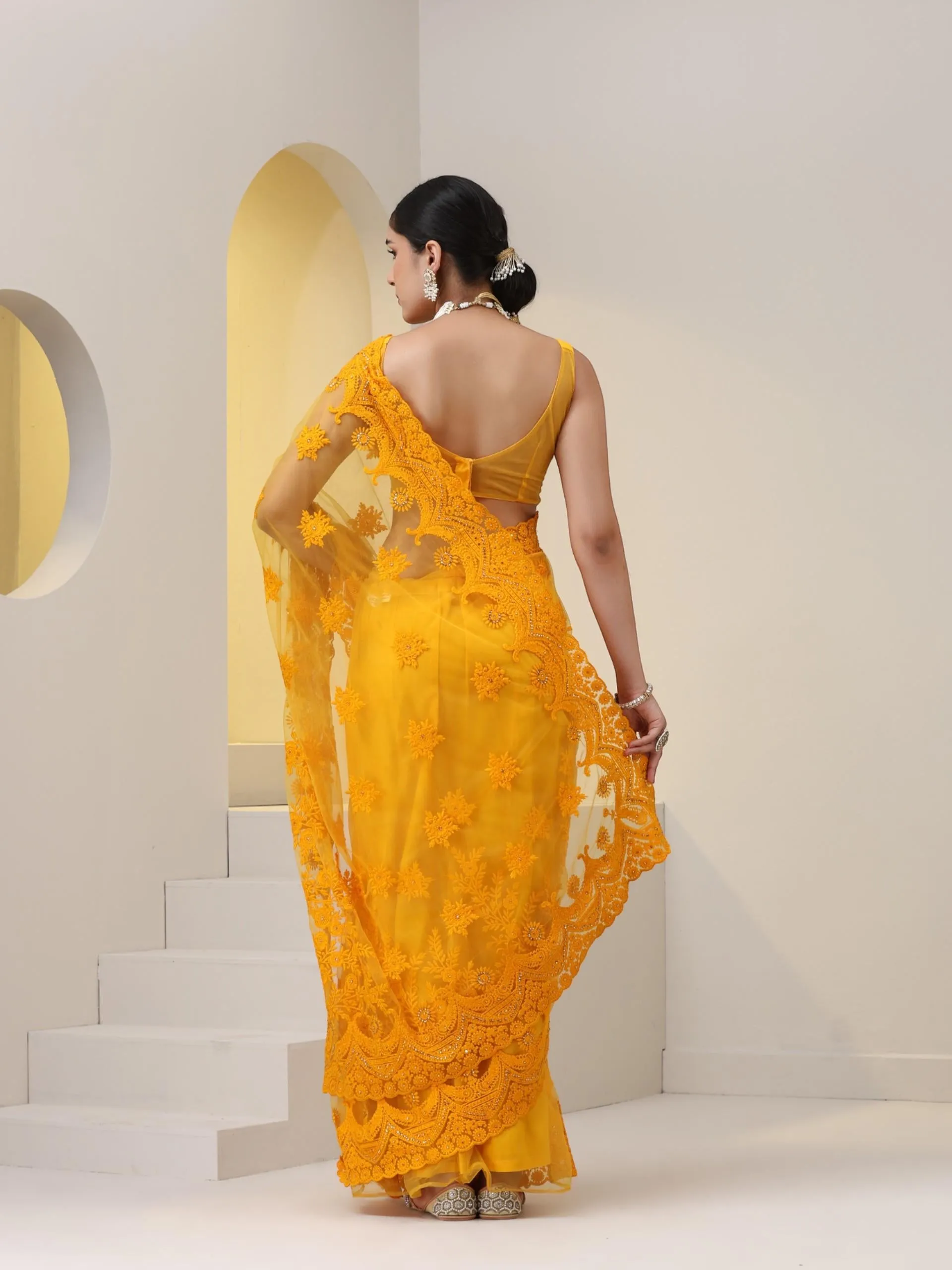 Yellow Net Saree with All over Thick Scallop Embroidery and Shiny Dots with Blouse Fabric