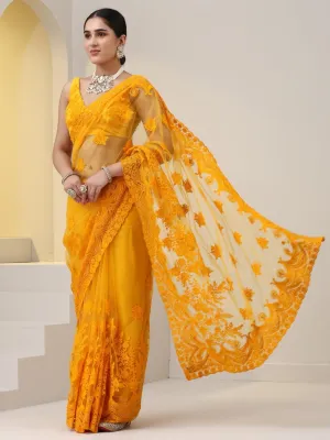 Yellow Net Saree with All over Thick Scallop Embroidery and Shiny Dots with Blouse Fabric