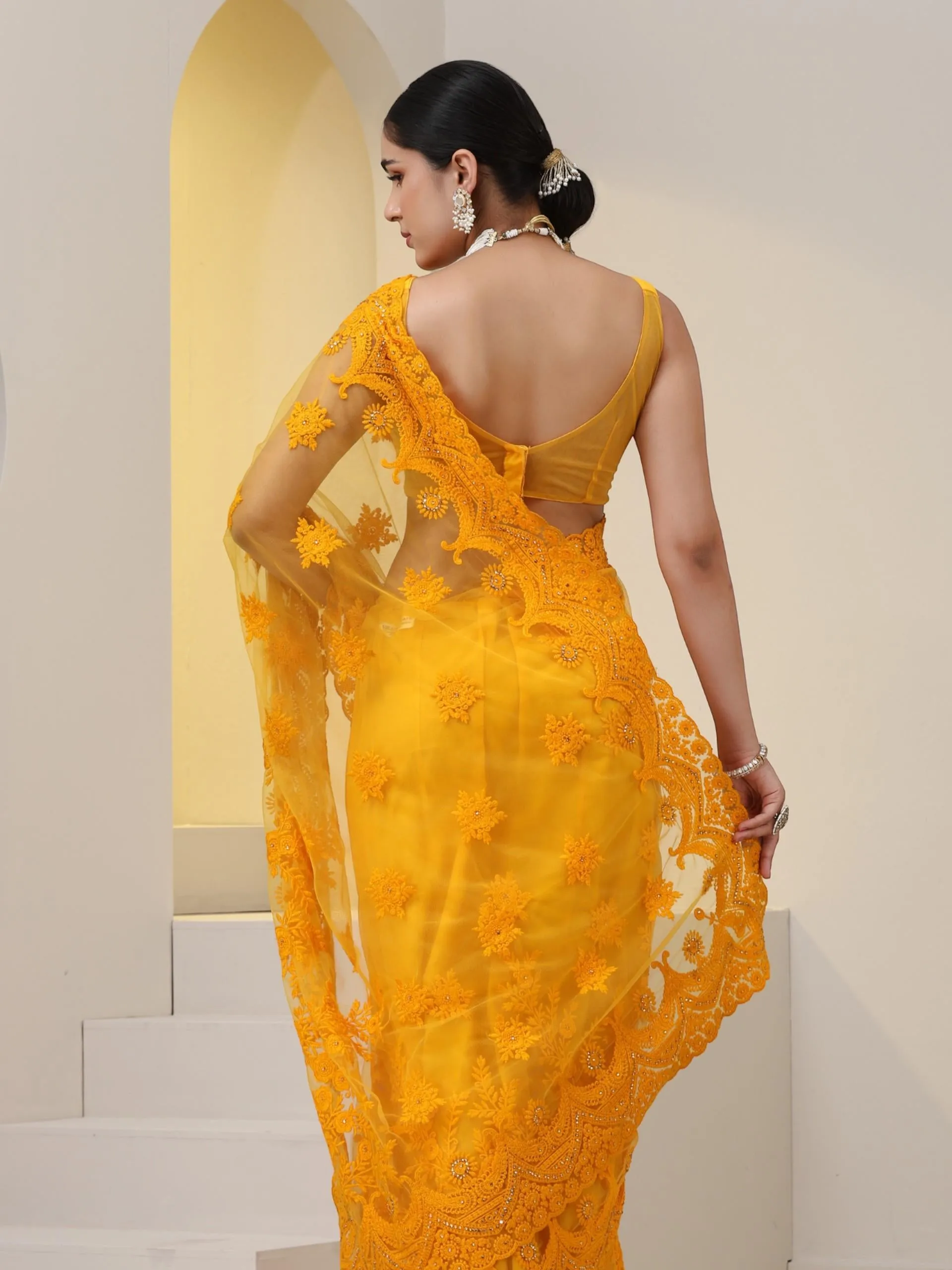 Yellow Net Saree with All over Thick Scallop Embroidery and Shiny Dots with Blouse Fabric