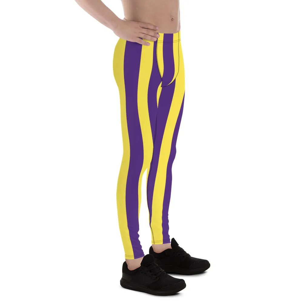 Yellow Purple Striped Men's Leggings, Vertical Striped Meggings Compression Tights For Men- Made in USA/EU/MX