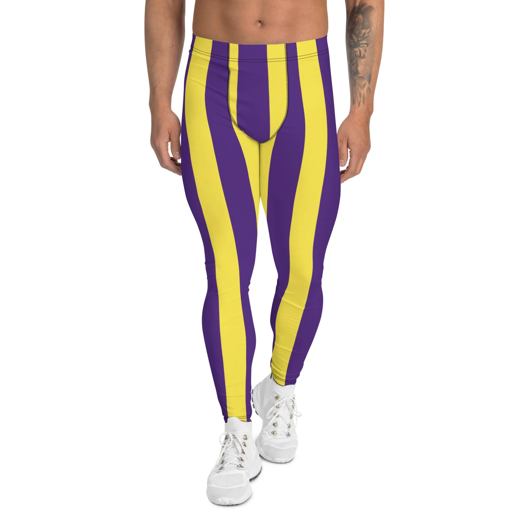 Yellow Purple Striped Men's Leggings, Vertical Striped Meggings Compression Tights For Men- Made in USA/EU/MX