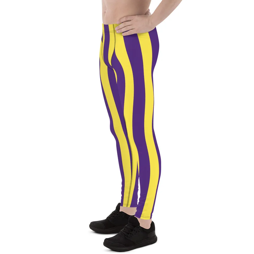 Yellow Purple Striped Men's Leggings, Vertical Striped Meggings Compression Tights For Men- Made in USA/EU/MX