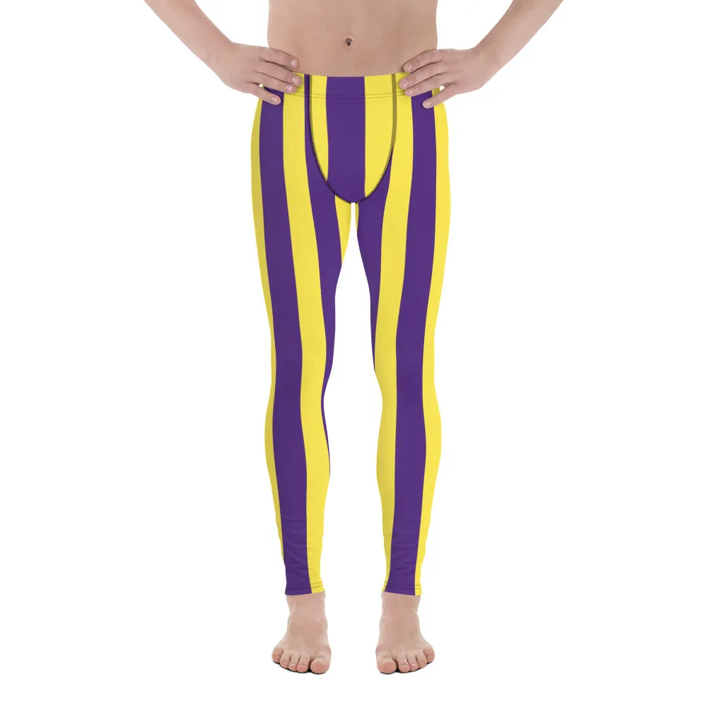 Yellow Purple Striped Men's Leggings, Vertical Striped Meggings Compression Tights For Men- Made in USA/EU/MX