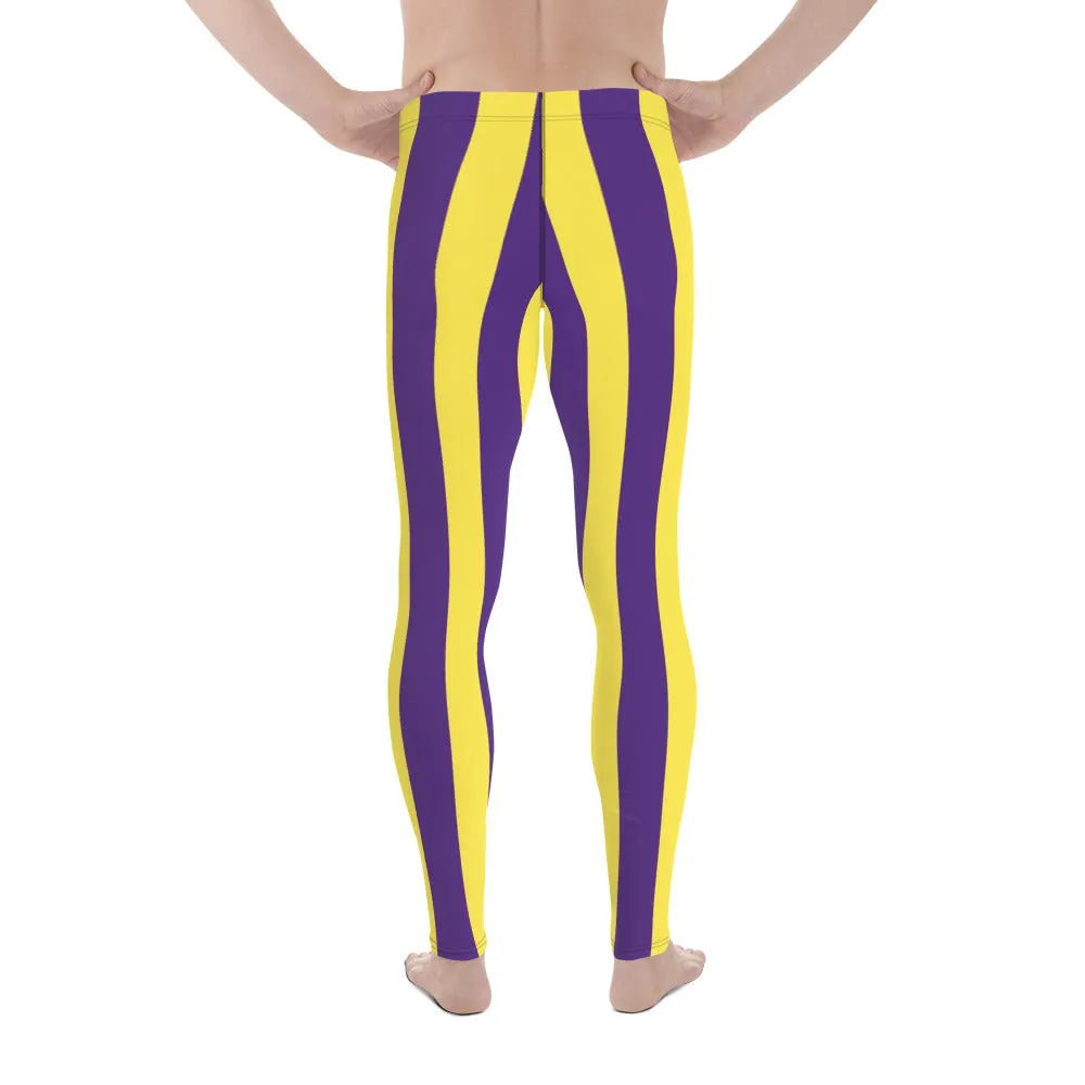 Yellow Purple Striped Men's Leggings, Vertical Striped Meggings Compression Tights For Men- Made in USA/EU/MX