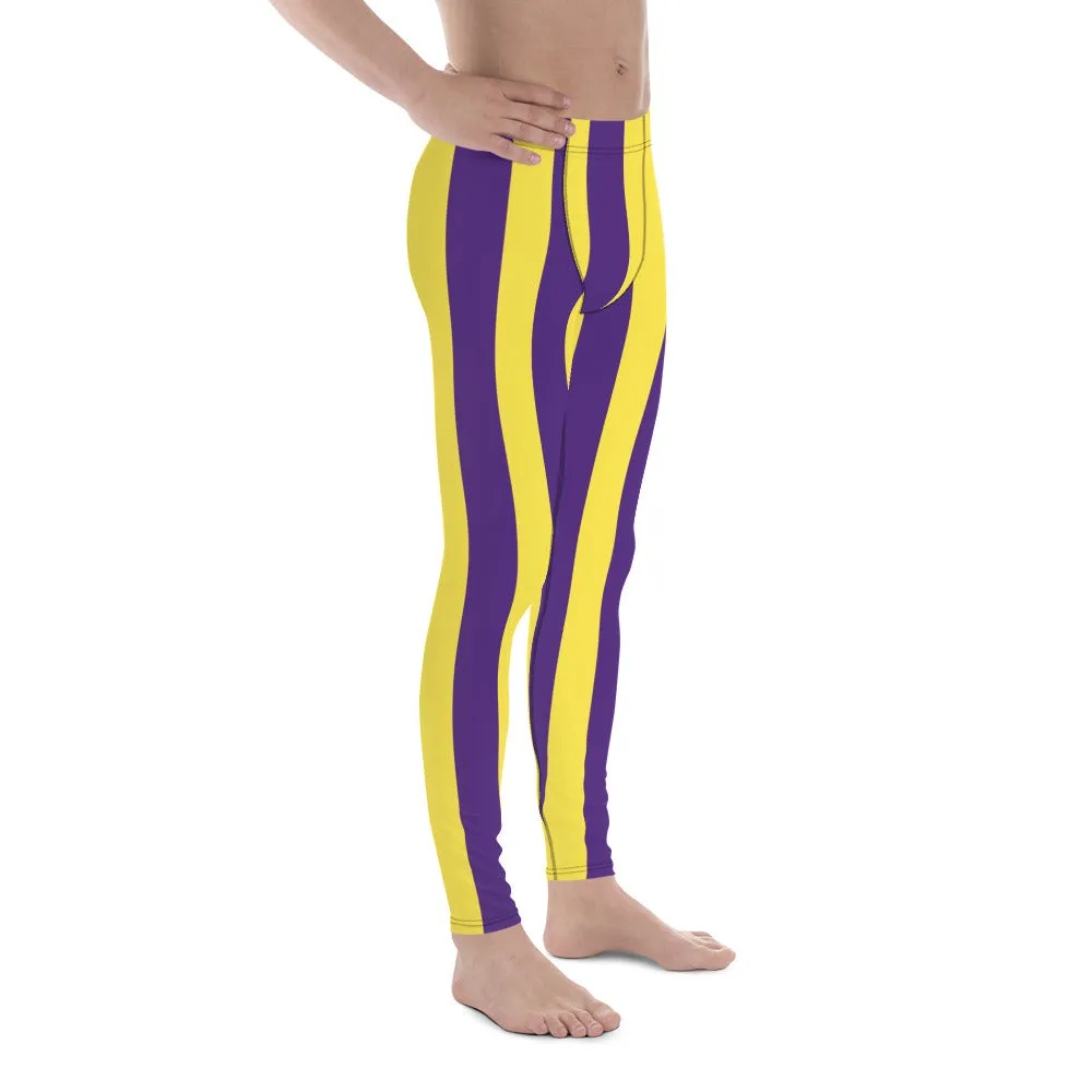 Yellow Purple Striped Men's Leggings, Vertical Striped Meggings Compression Tights For Men- Made in USA/EU/MX