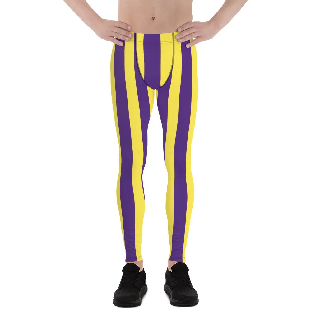 Yellow Purple Striped Men's Leggings, Vertical Striped Meggings Compression Tights For Men- Made in USA/EU/MX