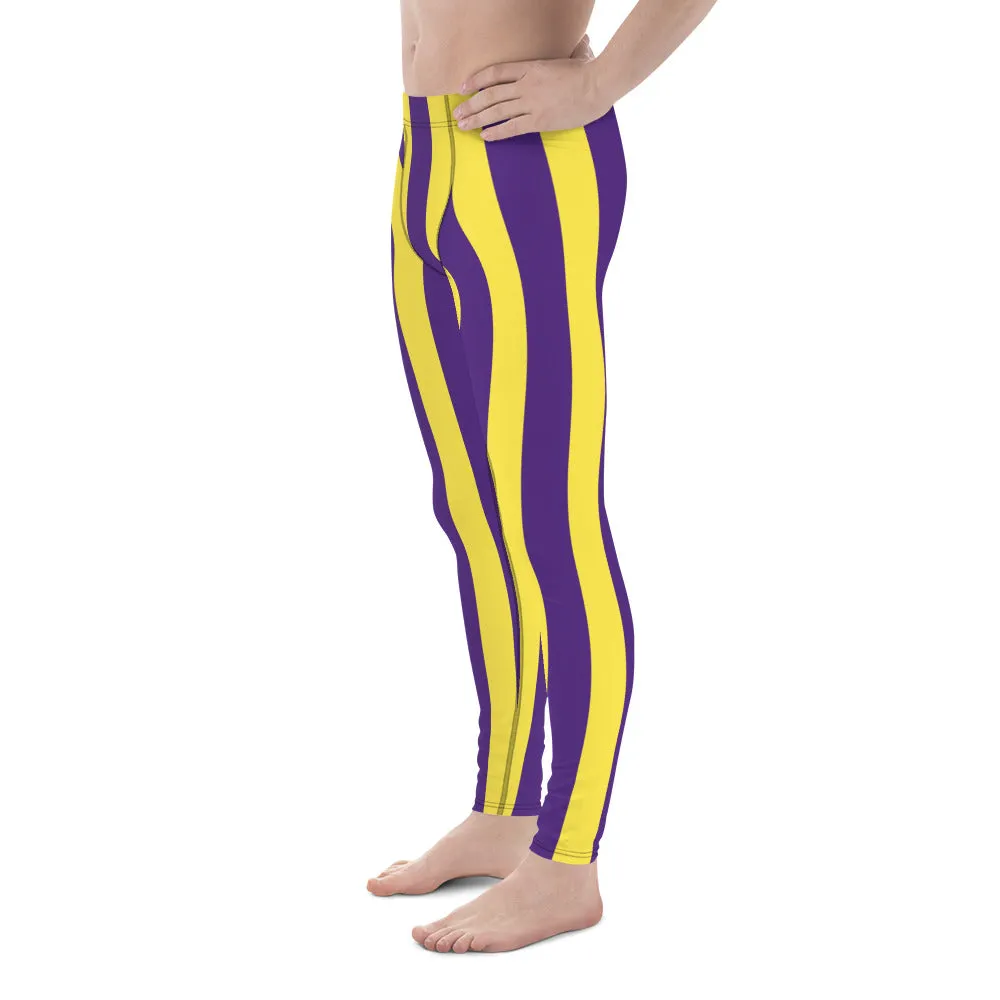 Yellow Purple Striped Men's Leggings, Vertical Striped Meggings Compression Tights For Men- Made in USA/EU/MX