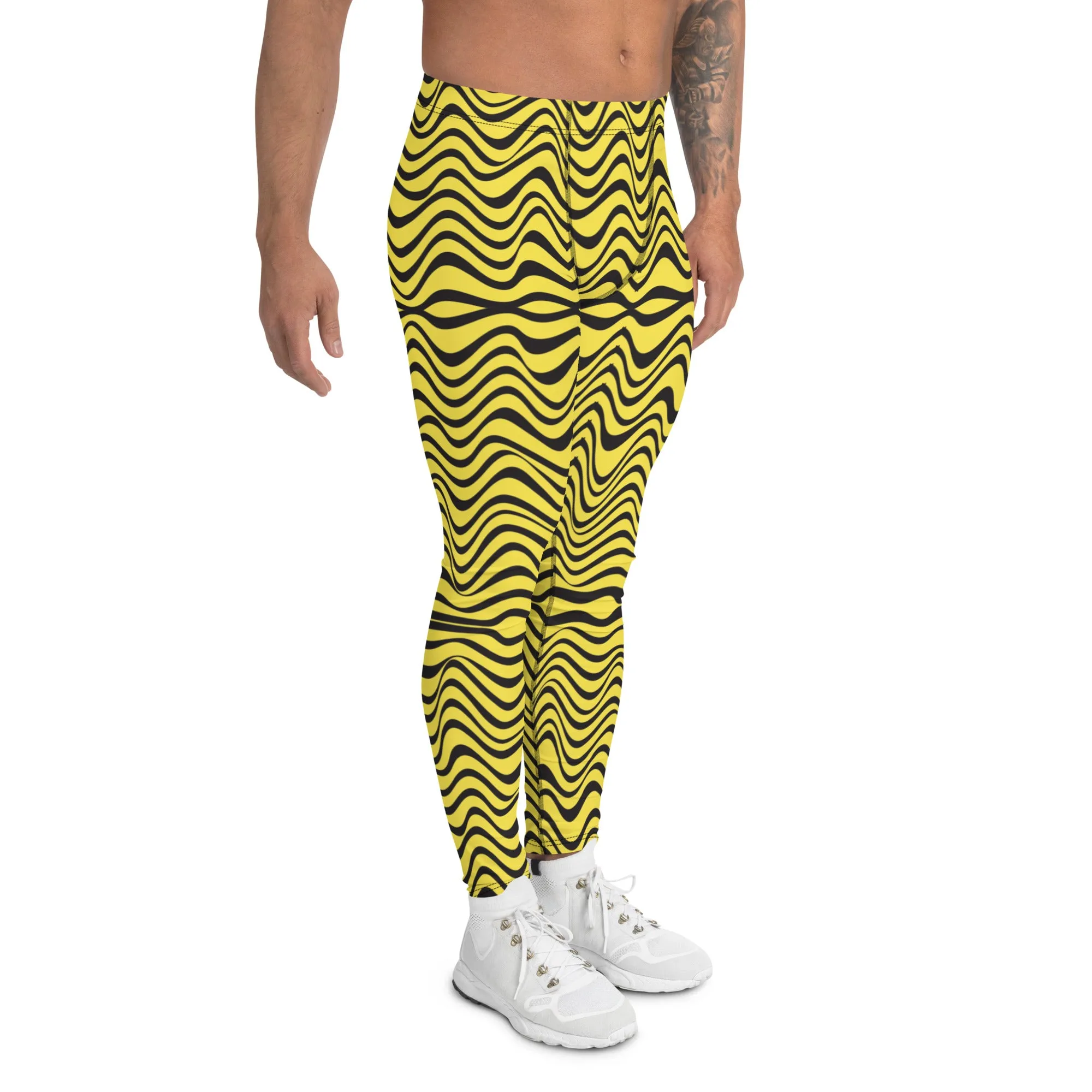 Yellow Wavy Print Men's Leggings, Great Wave Abstract Pattern Yoga Leggings-Made In USA/EU/MX