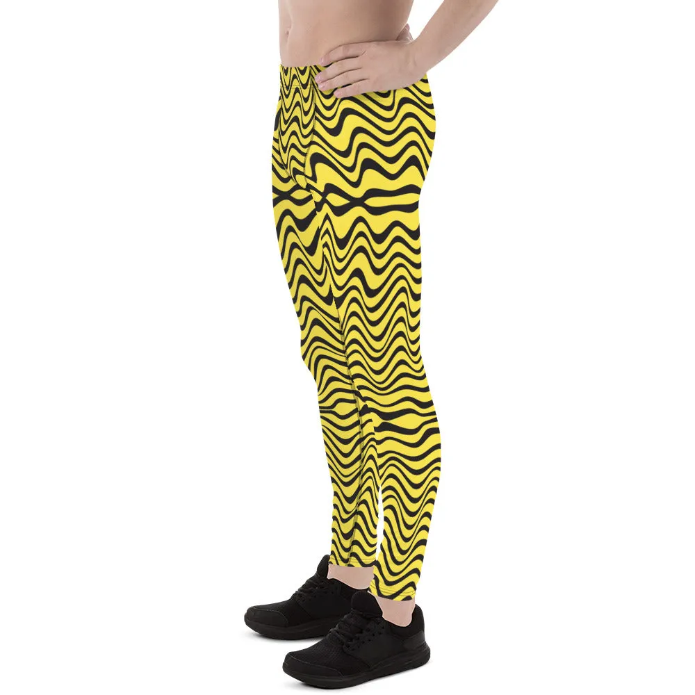 Yellow Wavy Print Men's Leggings, Great Wave Abstract Pattern Yoga Leggings-Made In USA/EU/MX