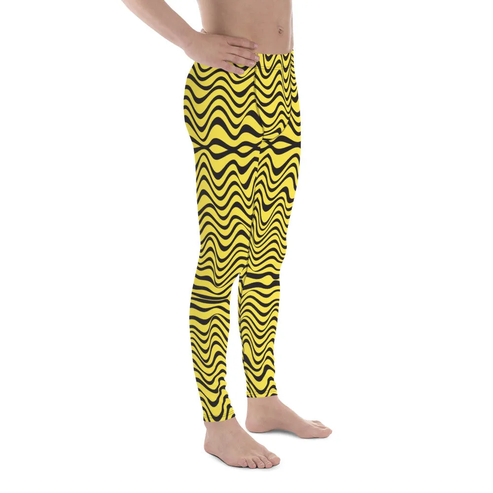 Yellow Wavy Print Men's Leggings, Great Wave Abstract Pattern Yoga Leggings-Made In USA/EU/MX