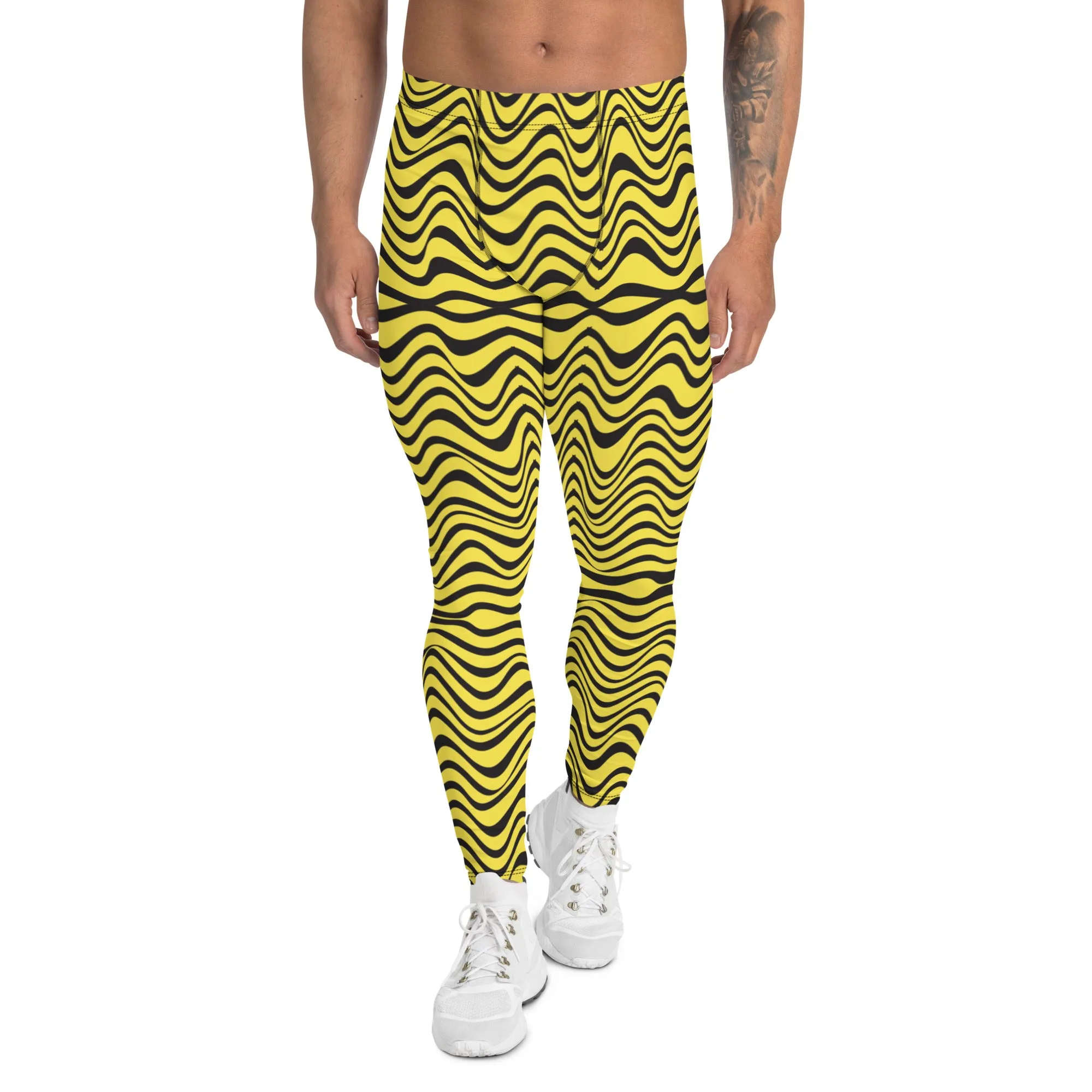 Yellow Wavy Print Men's Leggings, Great Wave Abstract Pattern Yoga Leggings-Made In USA/EU/MX