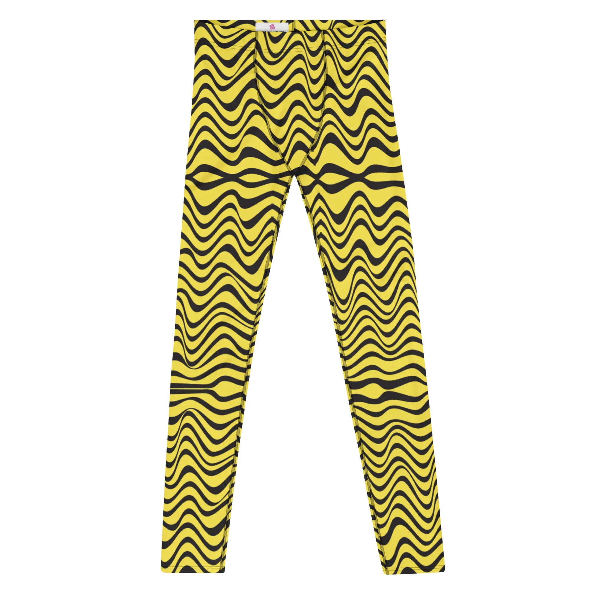 Yellow Wavy Print Men's Leggings, Great Wave Abstract Pattern Yoga Leggings-Made In USA/EU/MX