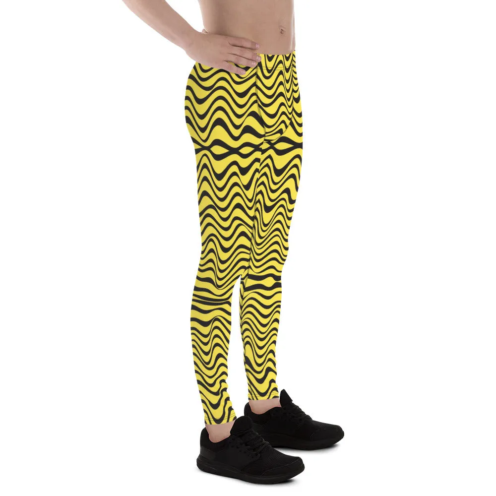 Yellow Wavy Print Men's Leggings, Great Wave Abstract Pattern Yoga Leggings-Made In USA/EU/MX