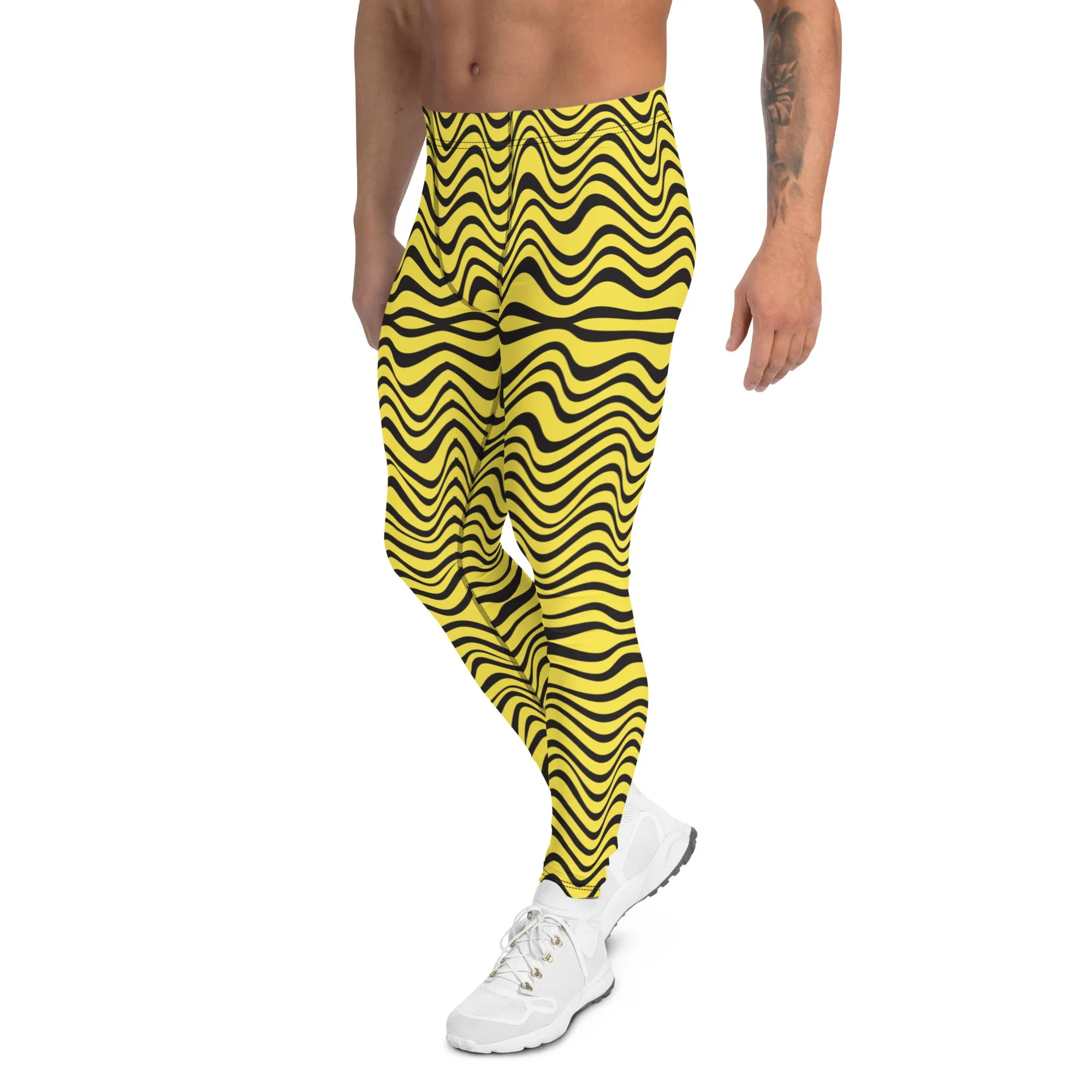 Yellow Wavy Print Men's Leggings, Great Wave Abstract Pattern Yoga Leggings-Made In USA/EU/MX