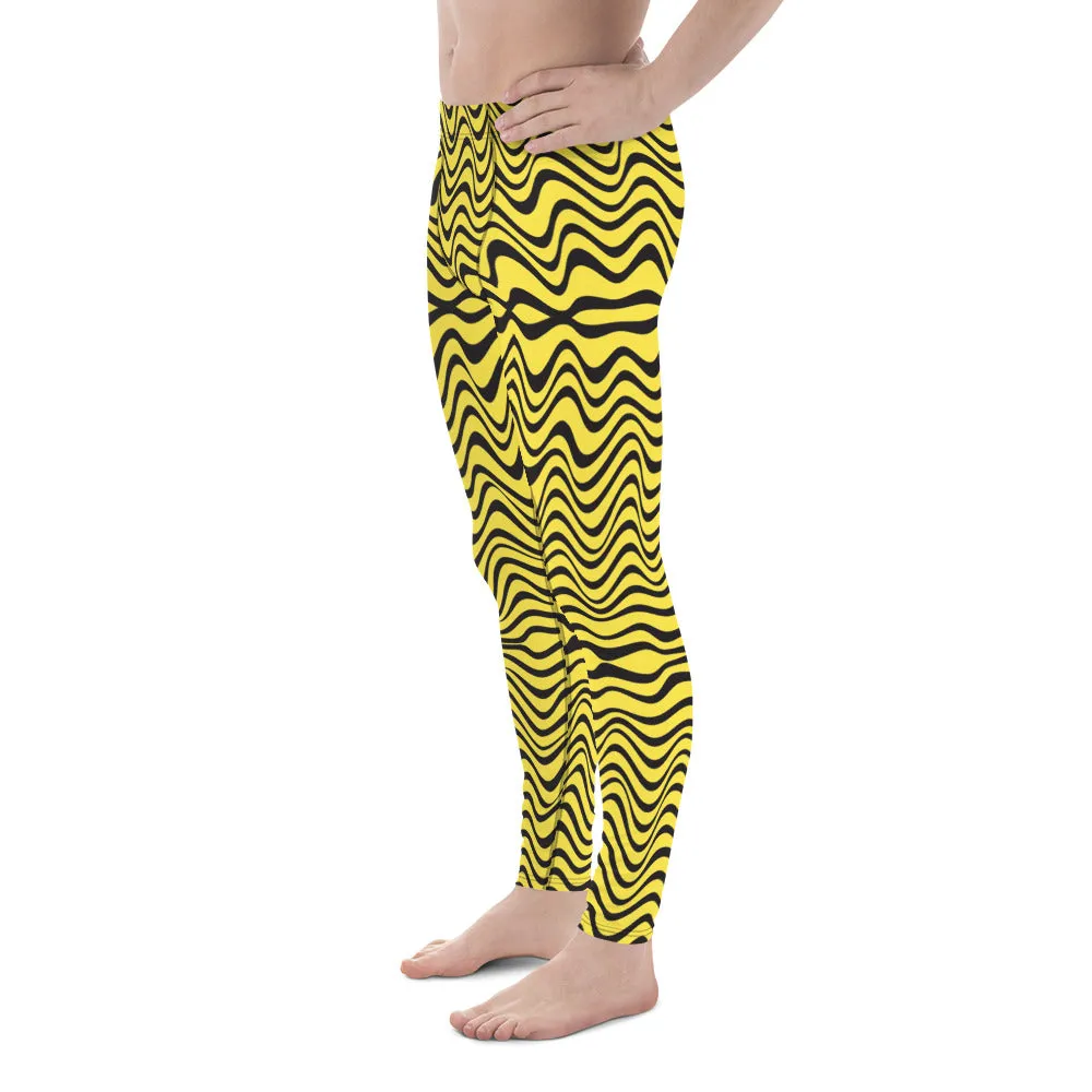 Yellow Wavy Print Men's Leggings, Great Wave Abstract Pattern Yoga Leggings-Made In USA/EU/MX