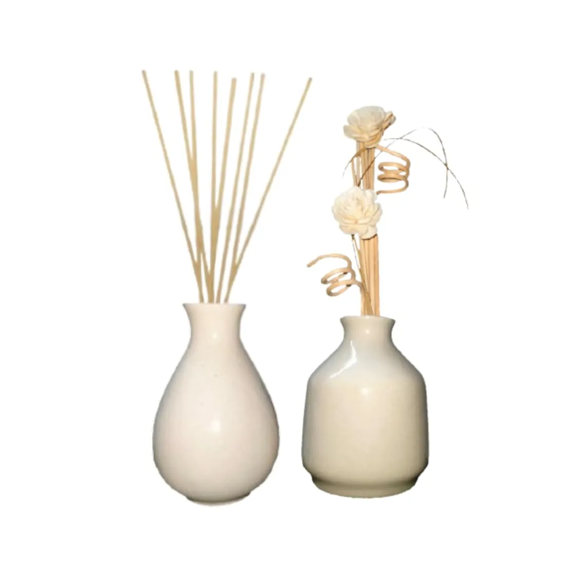 Zamfony Two Ceramic Diffuser Set with 10 Natural Reed Sticks and 6 Flower Stick for Home Decor Products (Ivory)(Note:Oil not Included)